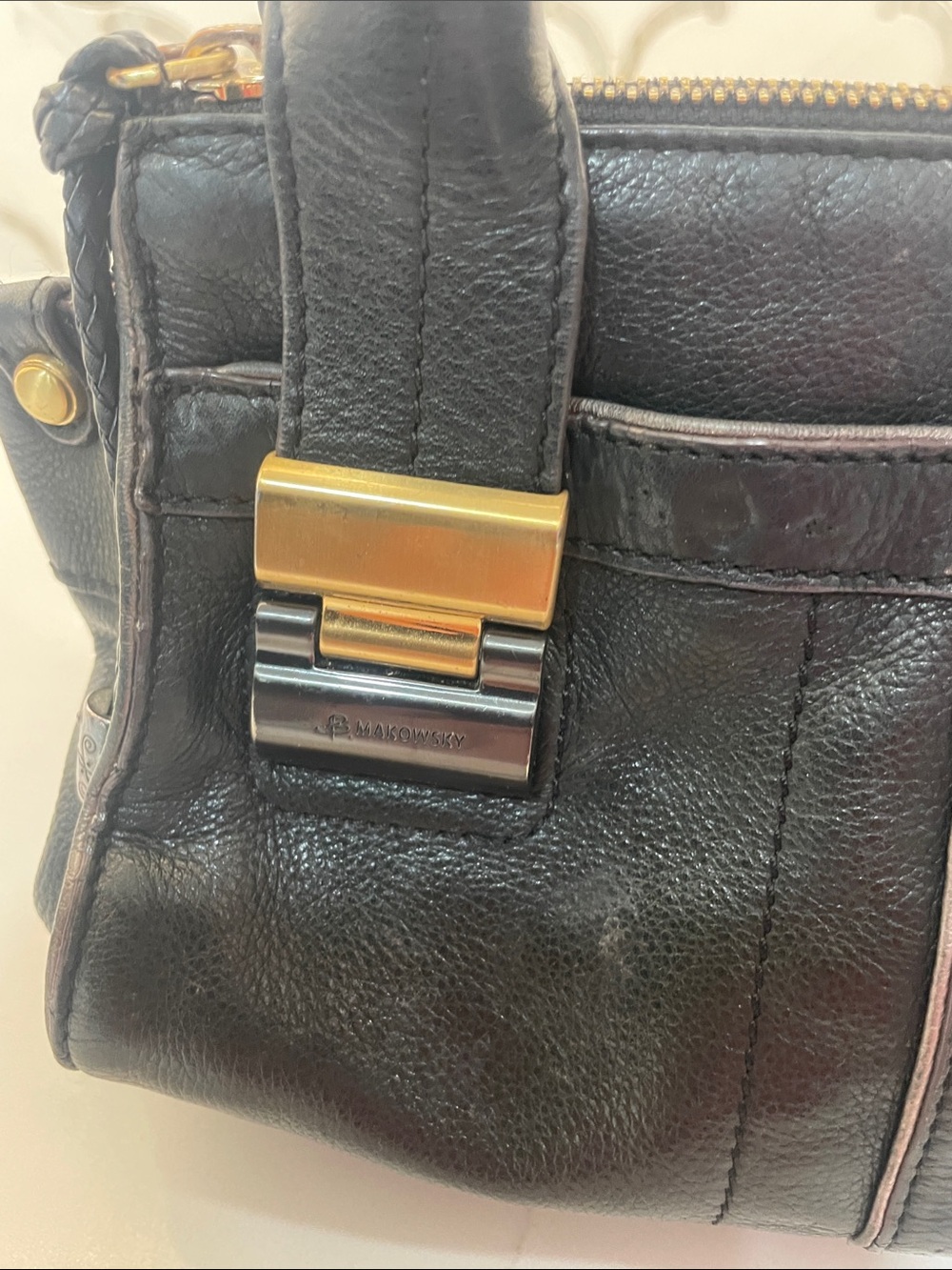 b. makowsky Black Leather Shoulder Bag with Gold Hardware - Picture 5 of 15